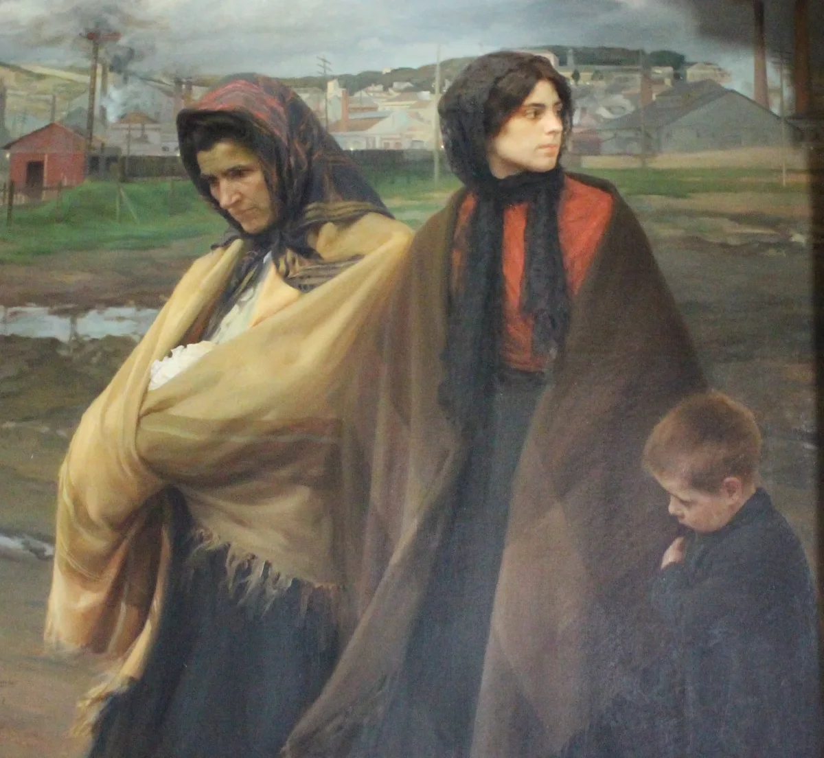 Pintura Abandonadas, de Constantino Fernandes — duas mulheres e uma criança numa paisagem industrial, coleção Casa dos Patudos